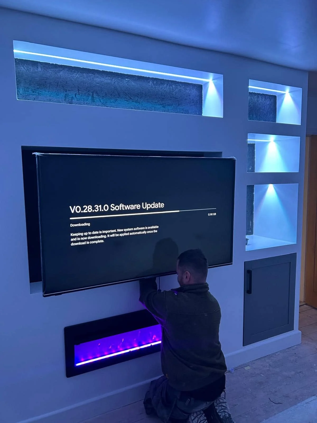 Media wall software update with blue accent lighting