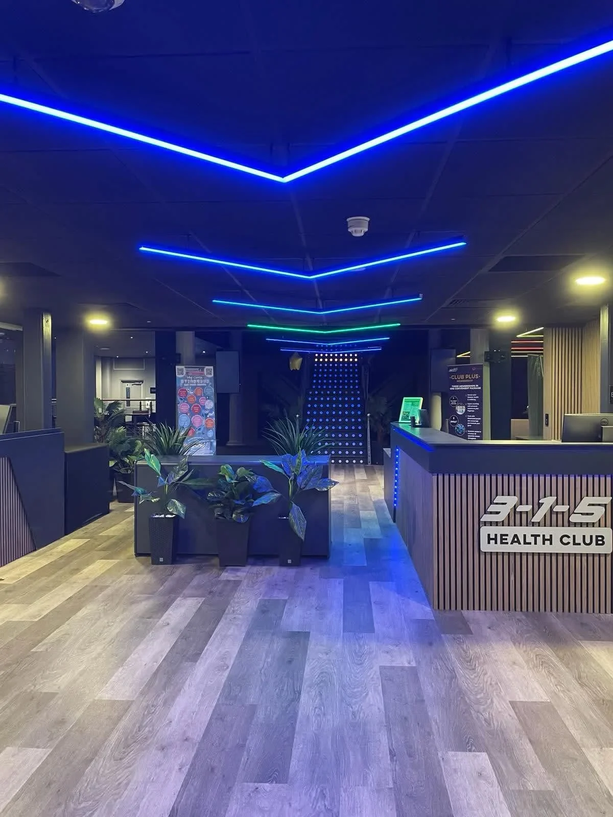 Health club reception with blue LED lighting